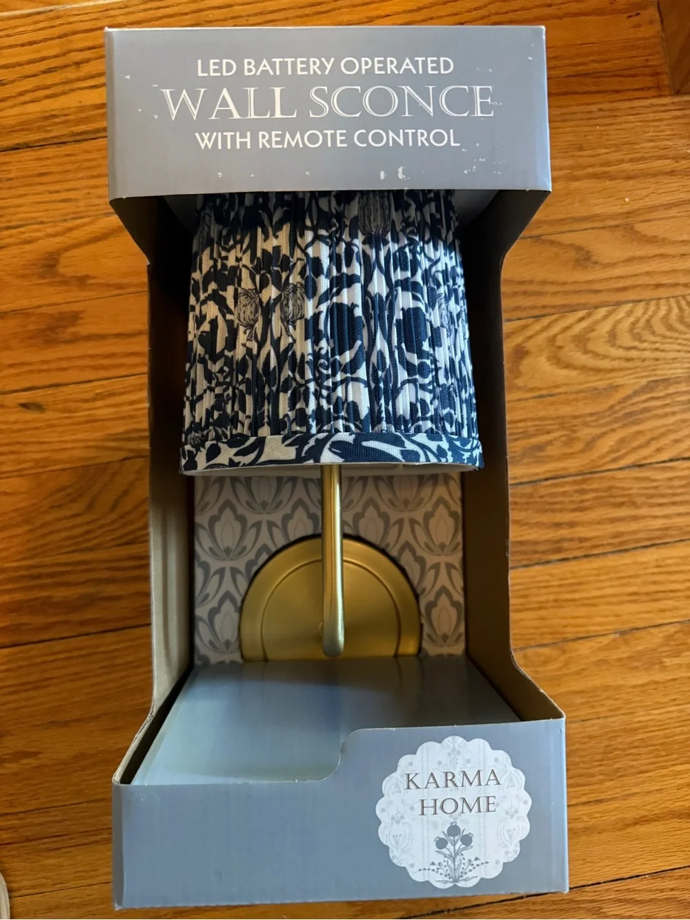 Karma Home Navy and White Floral Pleated Wall Light with Gold Accent